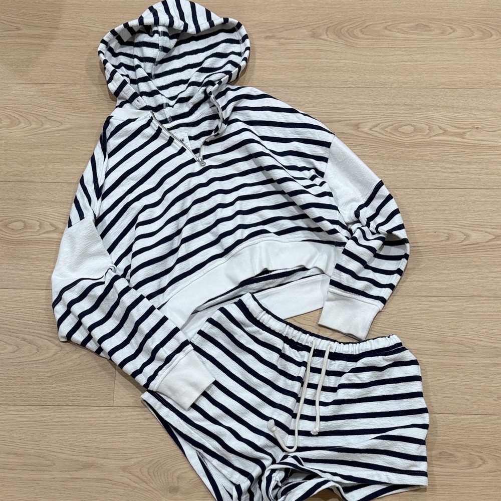 aerie White and Navy Striped Hoodie & Shorts Set